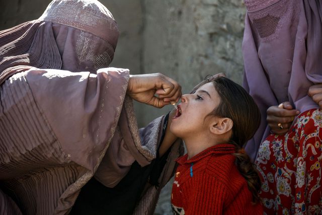 Une fillette reçoit une dose de vaccin contre la poliomyélite, le 20 mars 2019 dans la province de Kandahar en Afghanistan.