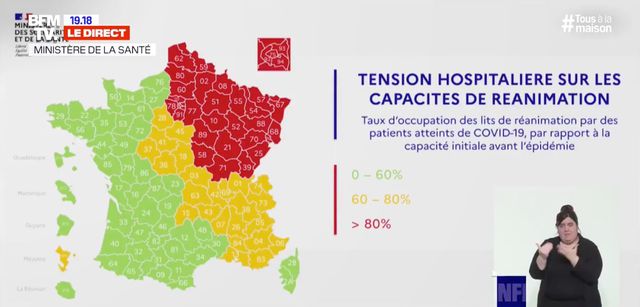 La carte au 1er mai des régions en tension dans les services de réanimation.