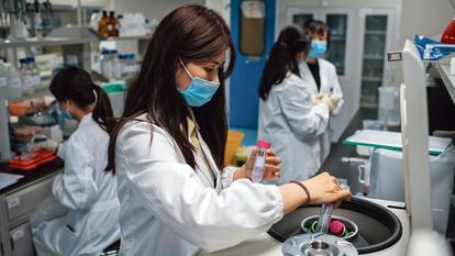 Des chercheurs du laboratoire Sinovac travaillent sur un vaccin expérimental contre le Covid-19, le 29 avril à Pékin.
