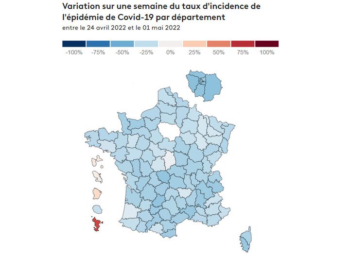 Variation sur une semaine du taux d'incidence de l'épidémie de Covid-19 par département. (FRANCEINFO)